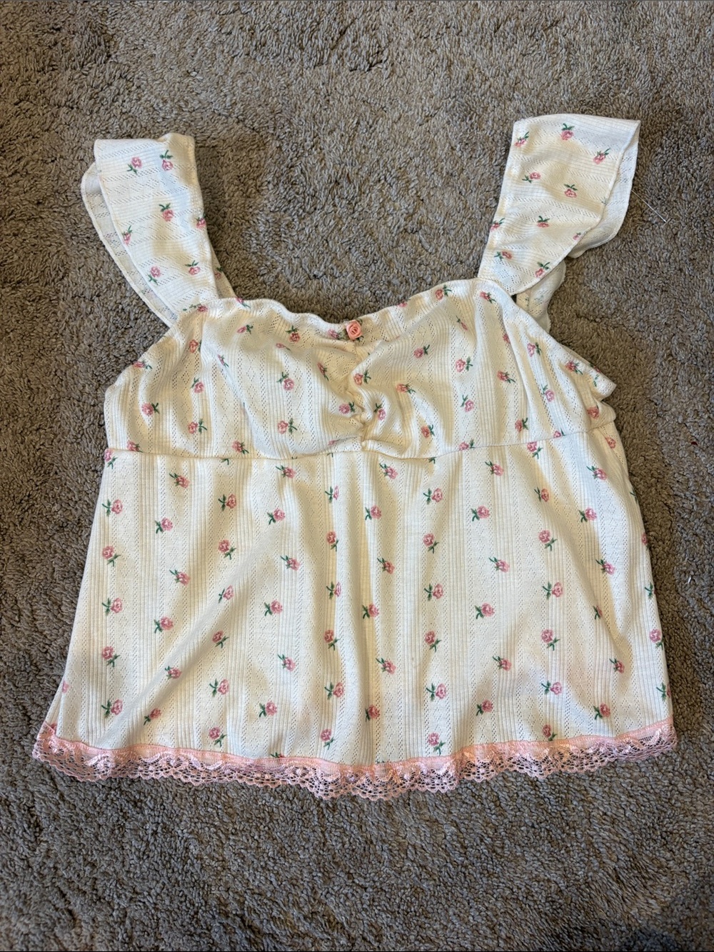 Women’s Floral Lace-Trim White Tank Top with Pink Rose Print